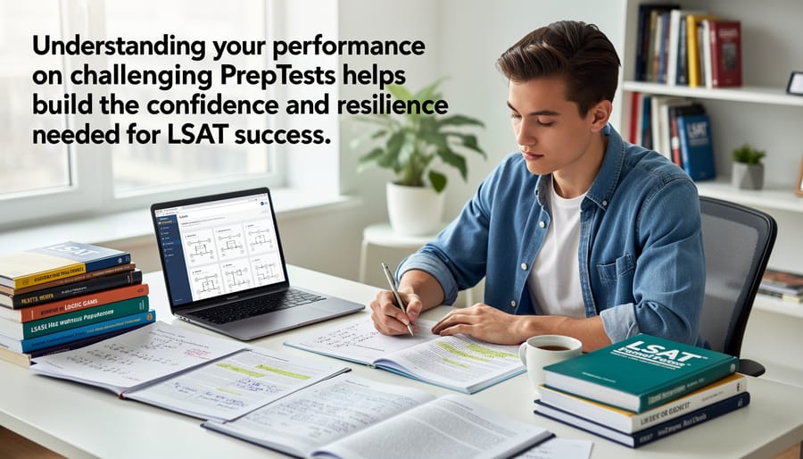 Confident student reviewing LSAT practice materials in bright study environment