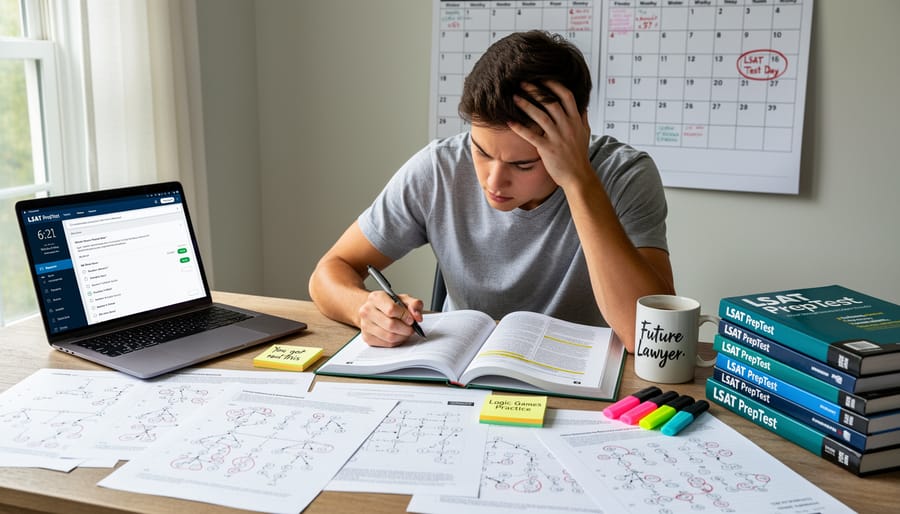Student studying LSAT materials at desk showing concentration and determination