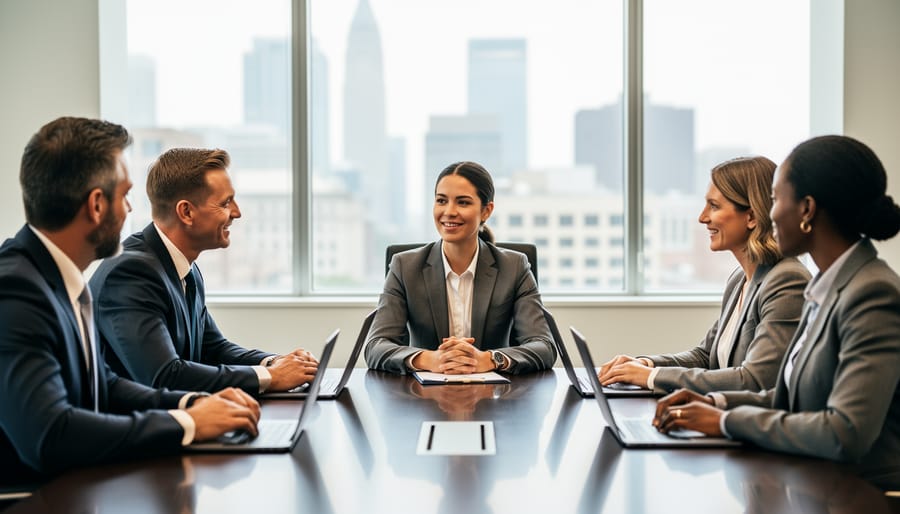 Professional woman in business attire during management interview with panel in modern office