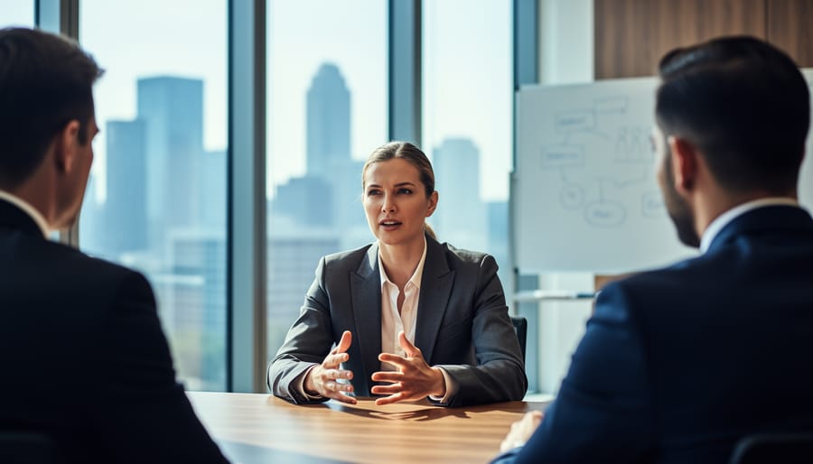 Confident job candidate addressing a three-person interview panel in a glass-walled conference room, hands mid-gesture, sharp focus on the candidate with city skyline and whiteboard softly blurred in the background under natural daylight.