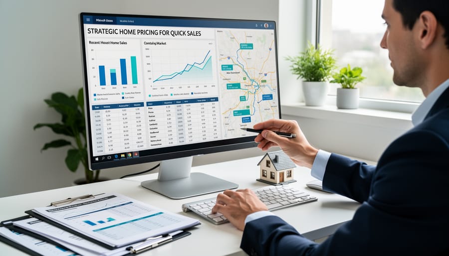 Overhead view of hands analyzing home sales data with calculator on desk