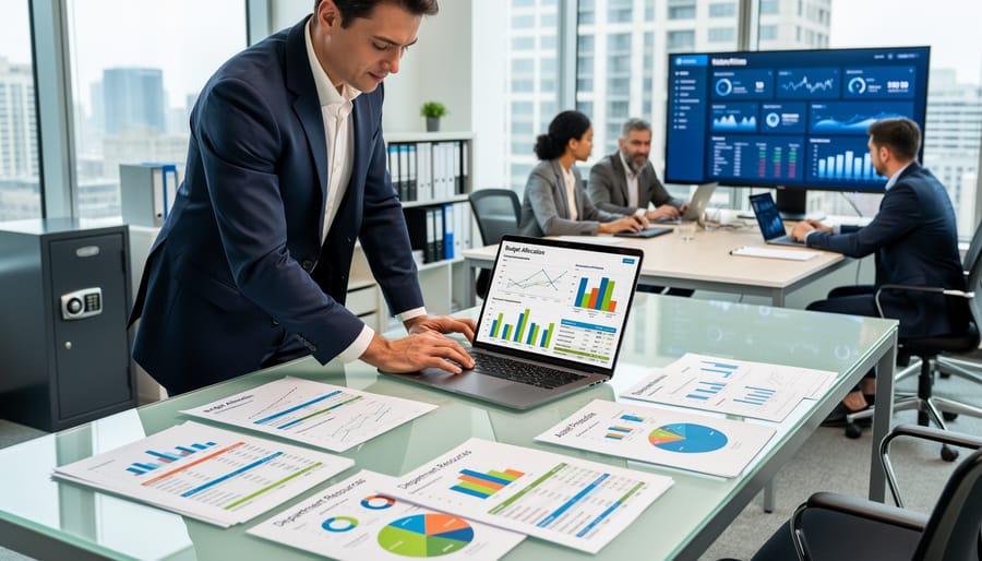 Business professional analyzing financial documents and data on desk