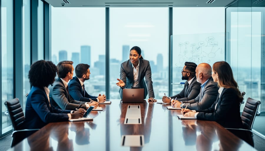 Diverse team of business professionals in a glass-walled conference room, central presenter gesturing over an open laptop while colleagues listen, with natural daylight, a blurred city skyline, and an out-of-focus whiteboard in the background.