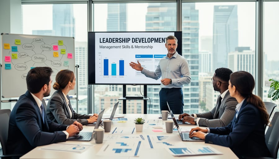 Business leader conducting training session with engaged team members