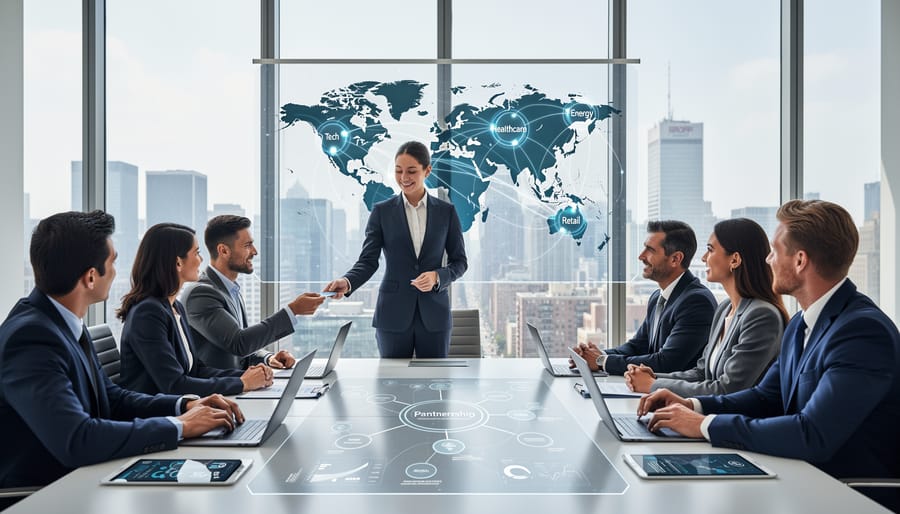 Business professionals networking and exchanging ideas at corporate event