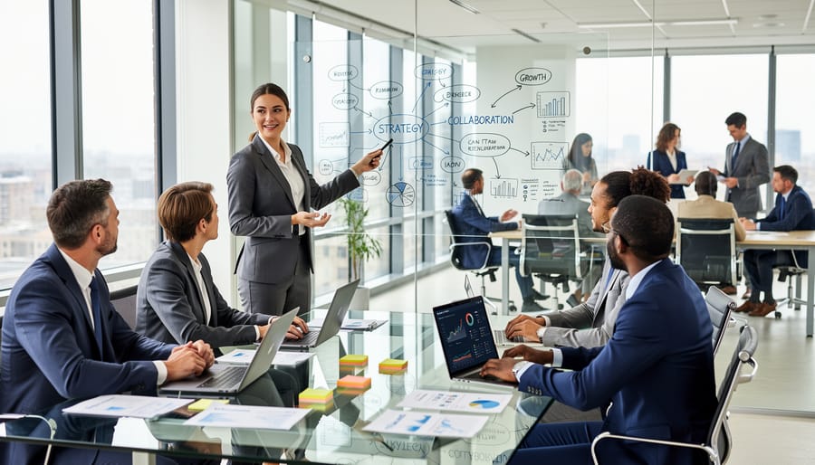 Diverse business professionals collaborating at conference table in modern office