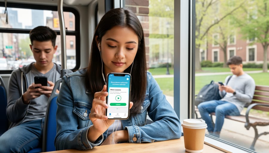 Student using smartphone for mobile learning at desk with notebook