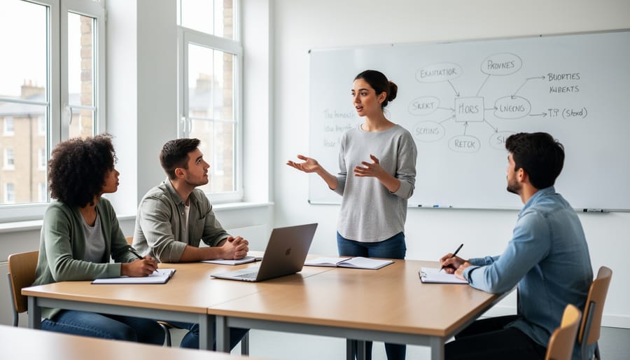 Students practicing oral examination responses in collaborative study session