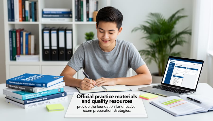 Student working on practice exam questions with official AP and IB preparation materials