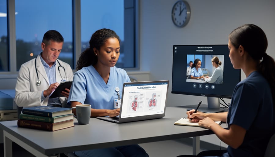 Nurse using tablet for online continuing education course at home