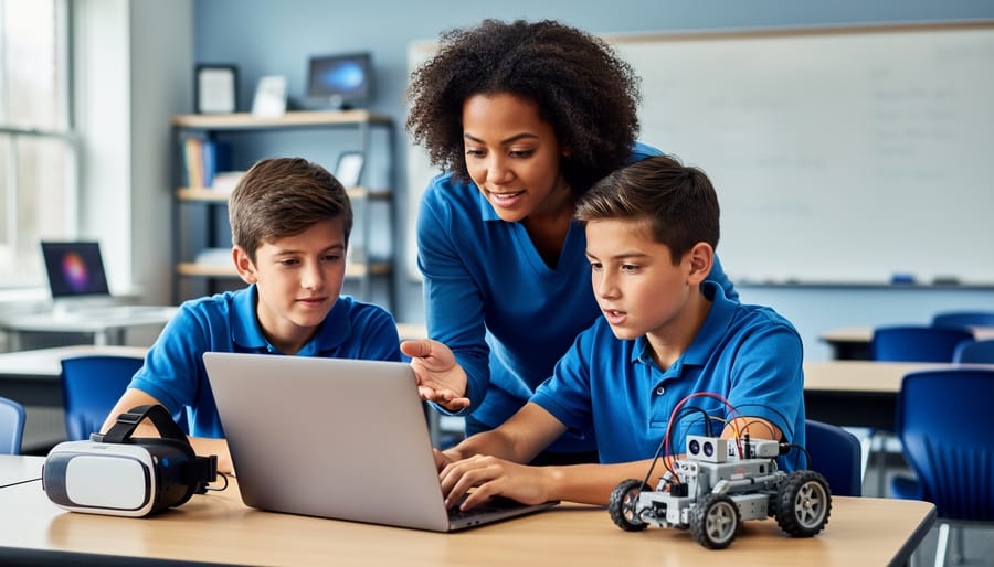 Teacher guiding two middle-school students at a laptop in a bright classroom, with a VR headset and small robotics kit on the table; background shelves and whiteboard softly blurred.