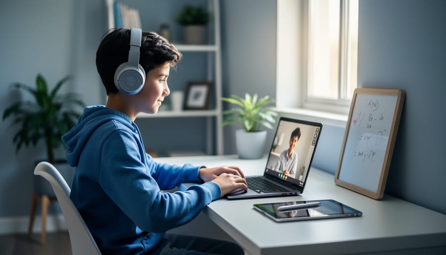 Middle school student wearing headphones working at a laptop during a virtual tutoring session, tutor slightly blurred on screen, with a tablet stylus and small whiteboard on the desk, soft daylight and a tidy home study nook with plants and shelves in the background.