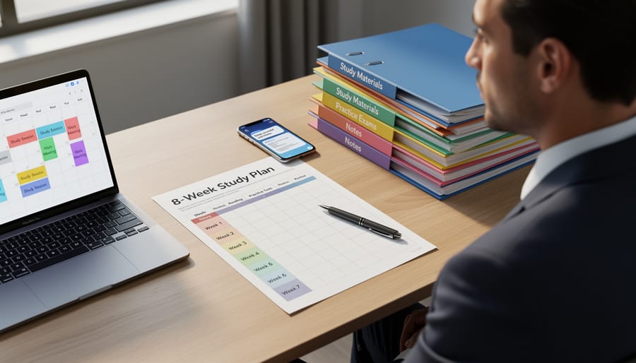 Organized study desk with laptop, notebook, and study materials for GMAT preparation
