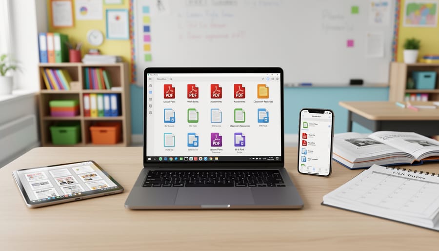 Well-organized teacher workspace with digital and printed PDF materials arranged in folders