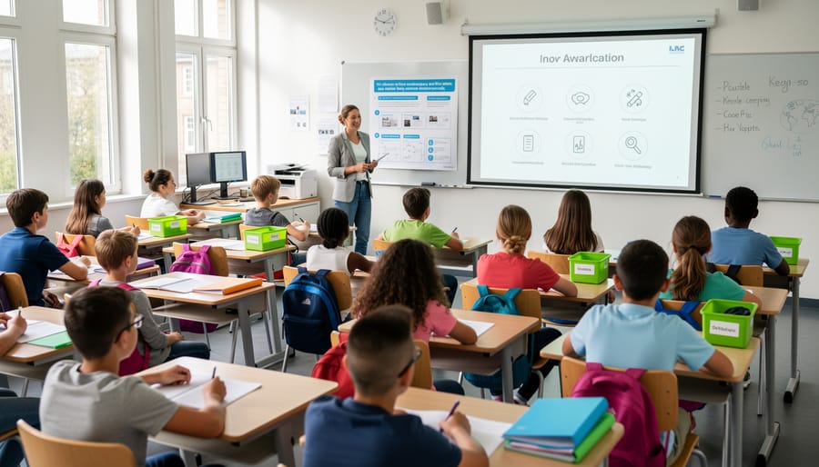 Teacher organizing visual learning materials and manipulatives on classroom desk