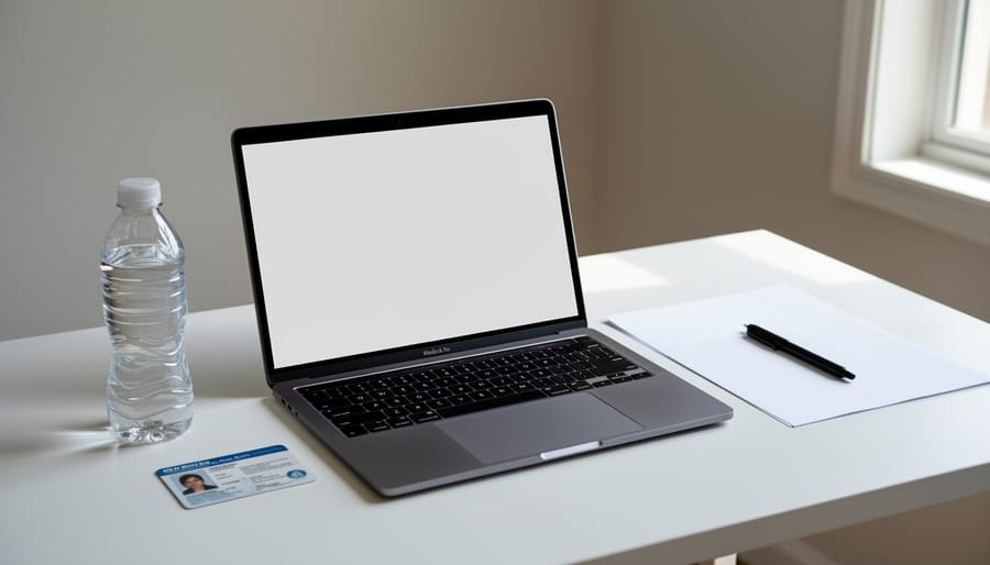 Overhead view of organized exam desk with only permitted items visible