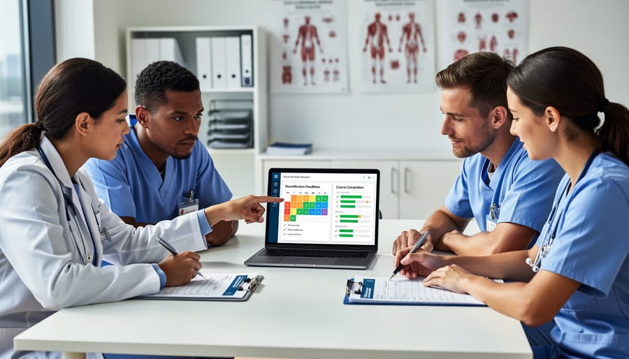 Organized workspace showing healthcare recertification planning materials and documents