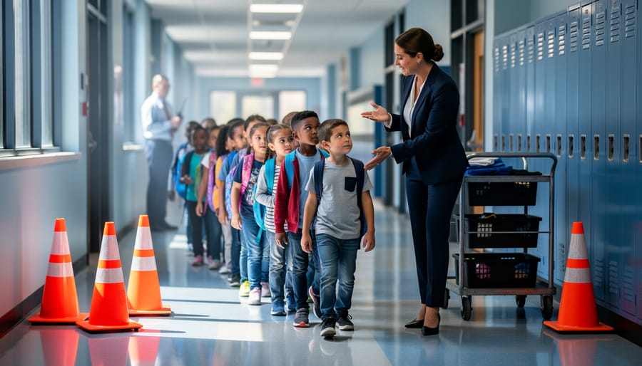 Teacher guides a line of elementary students around cones and a custodial cart during a school evacuation drill, with an administrator holding a radio in a blurred hallway background under soft natural light.