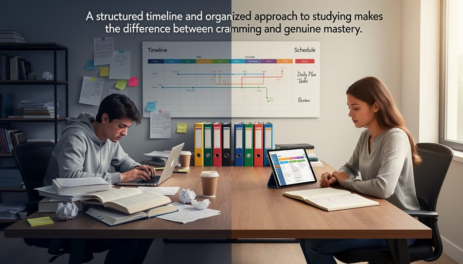 Organized study desk with color-coded notes, textbooks, and planning materials