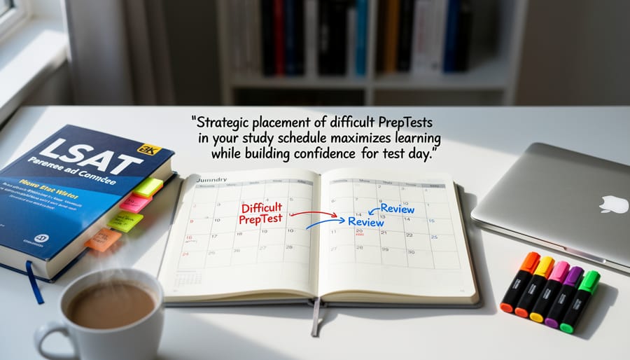 Organized LSAT study materials and PrepTests arranged on desk with study plan