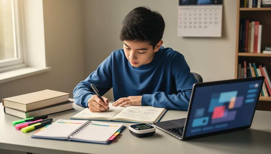 Focused high school student at a tidy desk with an open notebook, planner with colored tabs, highlighters, a timer, and a laptop; soft natural daylight; blurred wall calendar and bookshelf in the background; no visible text or logos.