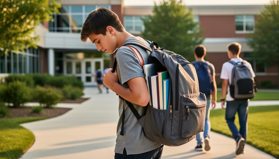 Student showing back and posture strain from wearing heavy backpack with poor weight distribution