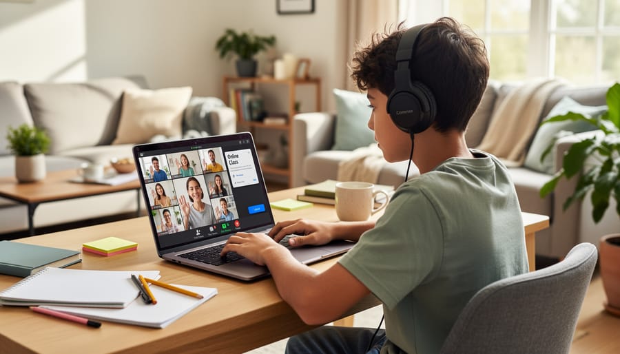 Student engaged in online tutoring session from home workspace