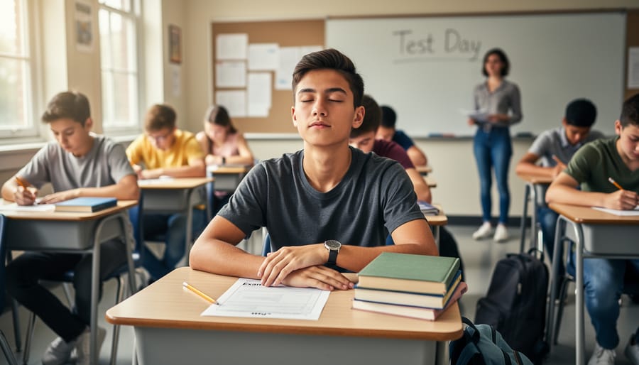 Close-up of student's relaxed hands on desk during mindfulness breathing exercise