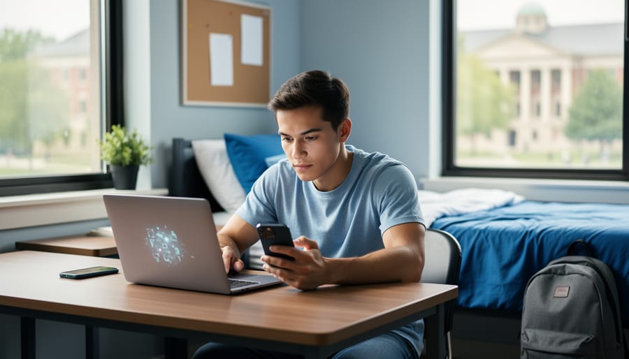 College student typing on a laptop at a tidy dorm desk with a smartphone nearby, soft daylight and blurred campus view in the background.