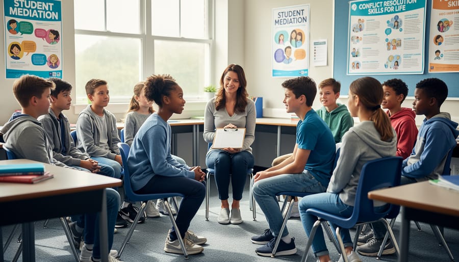 Two students engaged in mediated conversation with teacher at classroom table