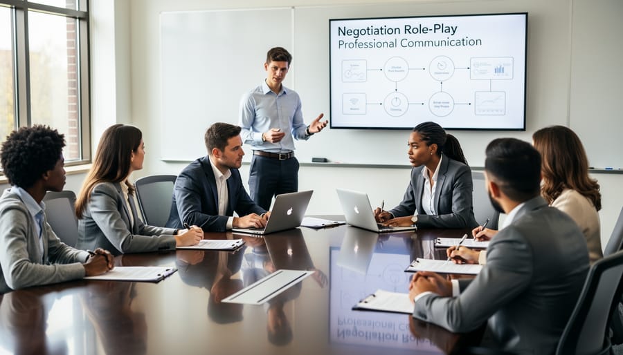 Students practicing negotiation skills through real estate role-playing exercise