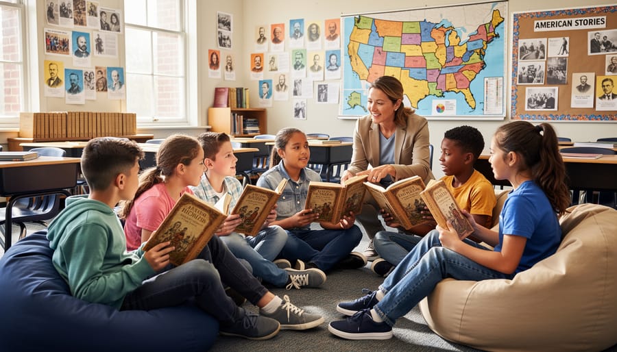 Student reading historical book with engaged expression in classroom setting