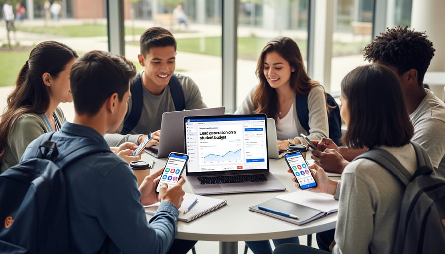 Overhead view of student using smartphone for social media marketing on desk