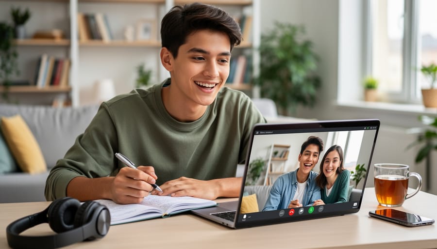 Student smiling during video call language practice session at home desk