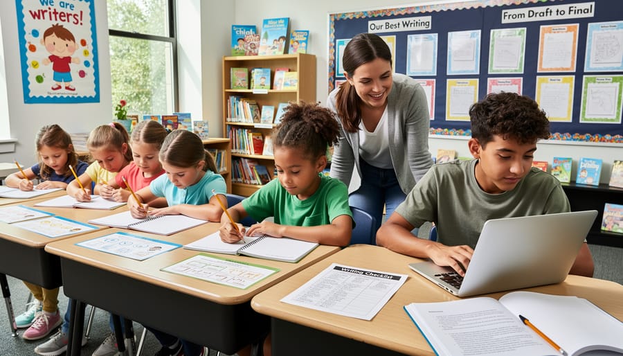Middle school student engaged in focused writing practice at desk