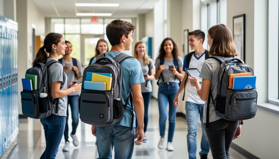 College students walking across campus wearing properly fitted laptop backpacks
