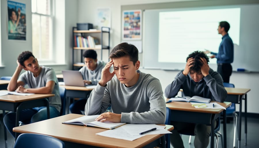 Elementary students at desks displaying signs of cognitive overload including frustration and distraction