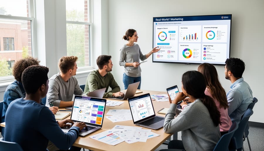 College students working together on digital marketing project with laptop