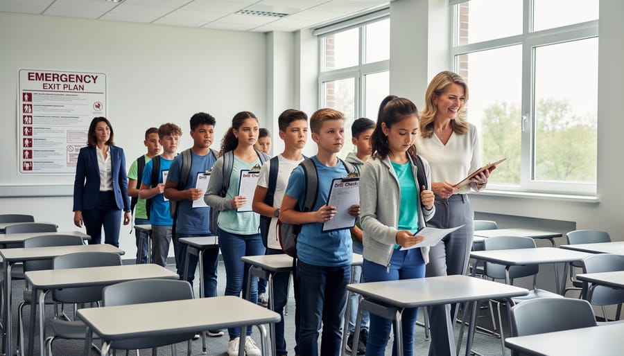 Elementary students sitting quietly in organized rows during emergency drill practice