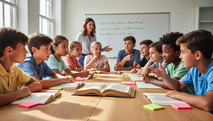 Group of middle school students engaged in discussion around historical books