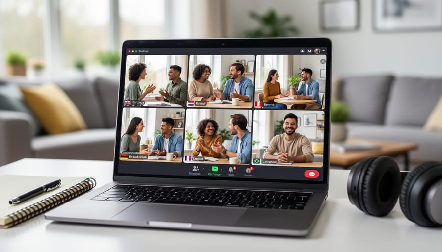 Diverse group of students engaged in conversation at outdoor table with digital devices