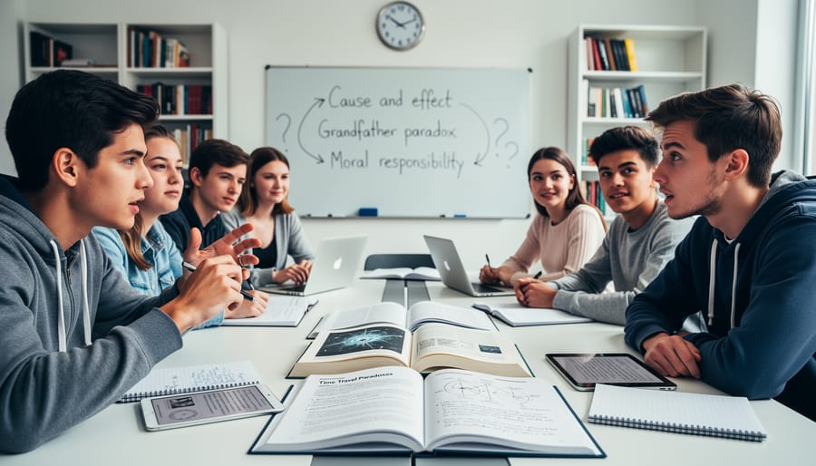 Diverse high school students in discussion circle with books during literature class