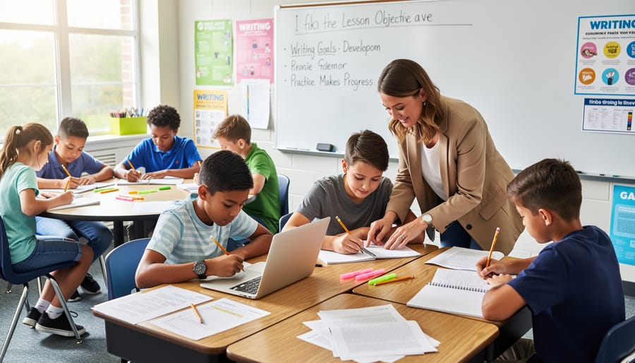 Elementary students writing in notebooks at classroom desks