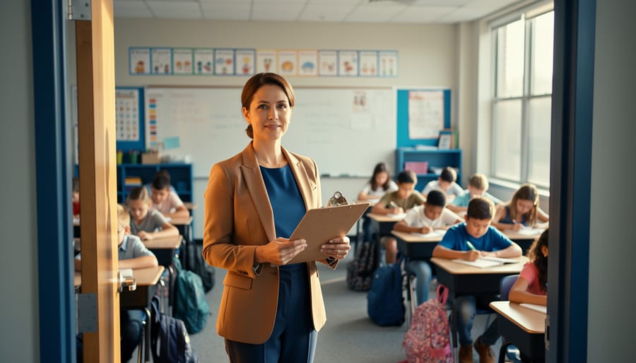 Substitute teacher at a classroom doorway makes steady eye contact with an arriving student, clipboard in hand, while other students take their seats in a bright, organized room with softly blurred whiteboard and posters.