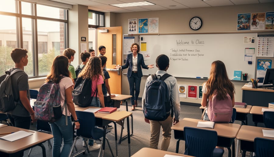 Substitute teacher standing confidently at classroom door welcoming students