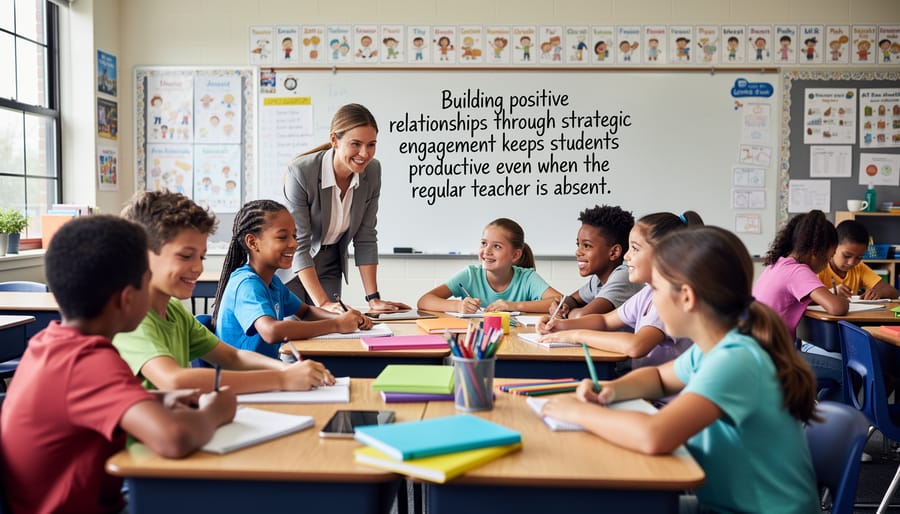 High school students working collaboratively while substitute teacher provides individual guidance