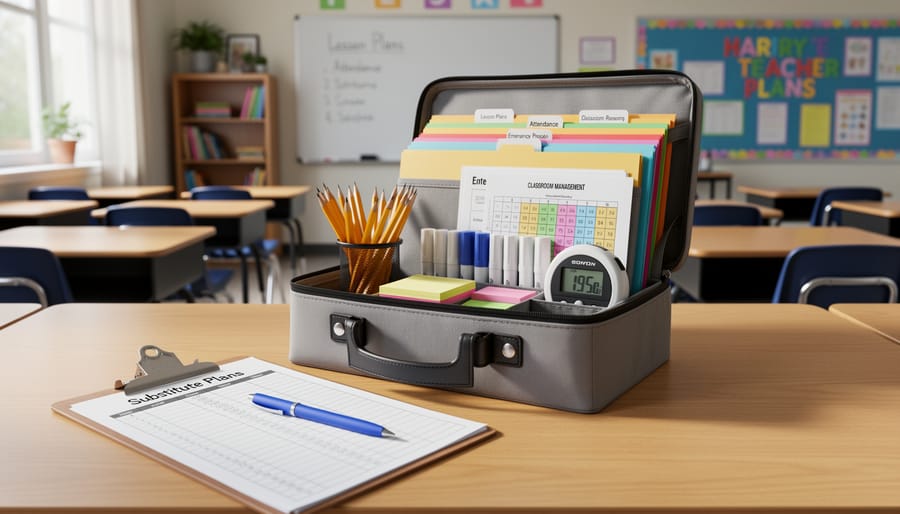 Substitute teacher organizing essential teaching materials and supplies on classroom desk