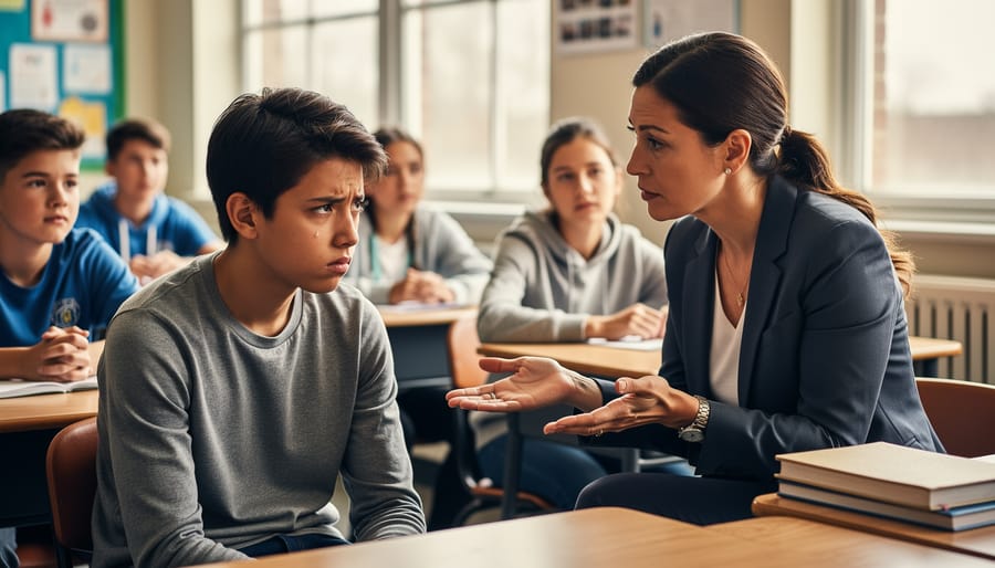 Teacher kneeling at student's eye level demonstrating active listening during conflict resolution
