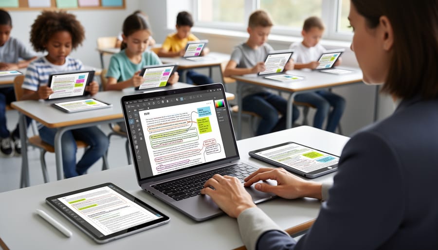 Teacher using stylus pen to annotate educational PDF worksheet on tablet device