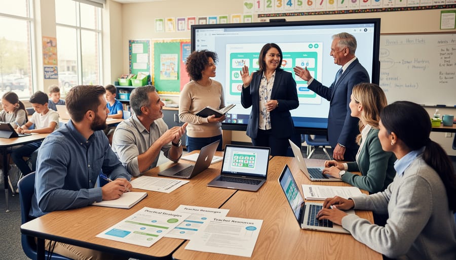 Confident teacher in modern classroom using digital teaching tools with students working in background